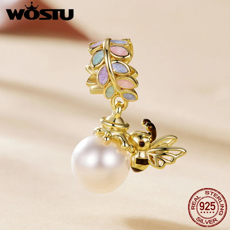 WOSTU 925 Sterling Silver Tow Tone DIY Bee Pendant Lucky Four-Leaf Clover Charm Colorful Leaves Bead Fit Original Bracelet Neck