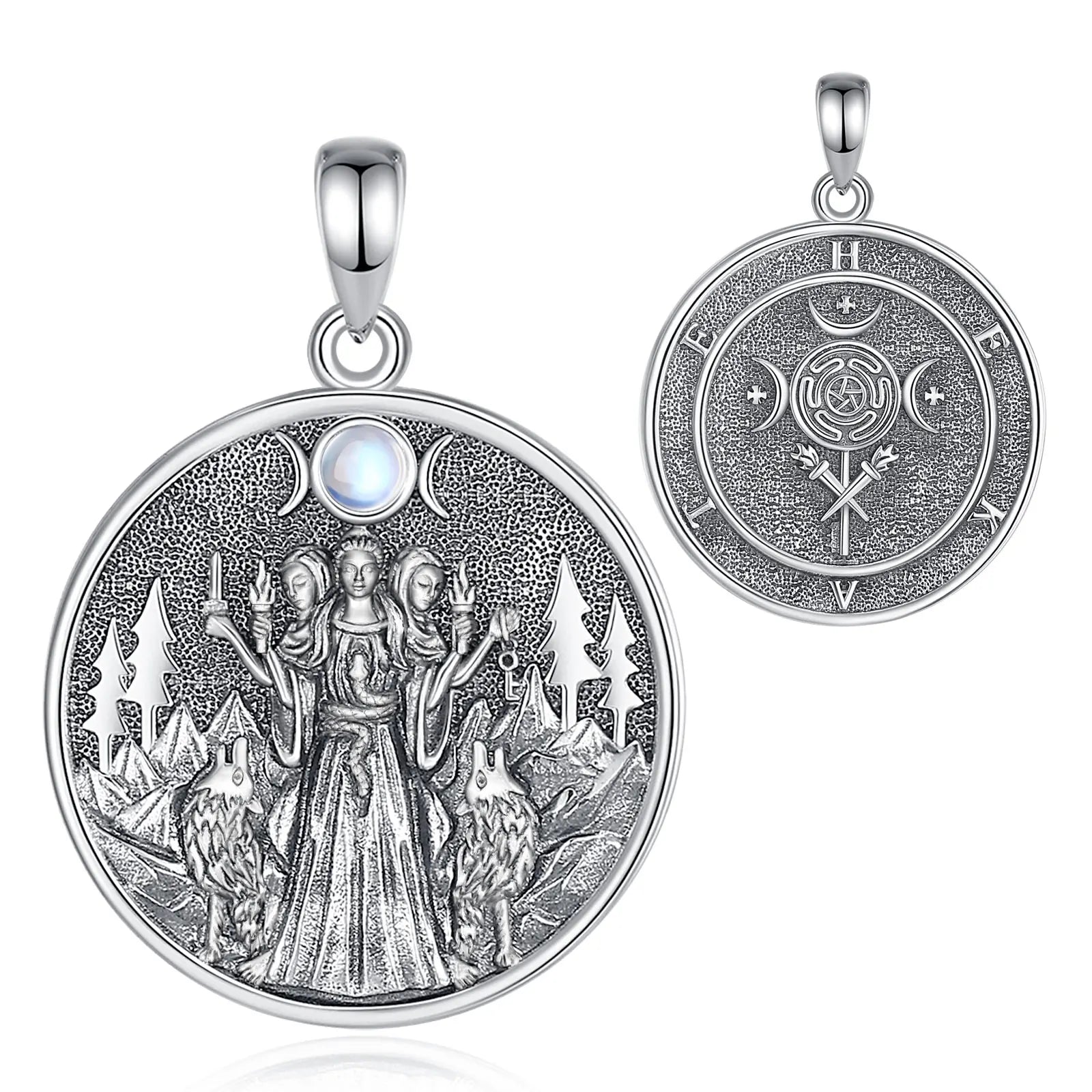 Eudora 925 Sterling Silver Hecate Dog Necklace Triple Moon Goddess Amulet Pendant Moonstone Triple Goddess Jewelry Women Gift