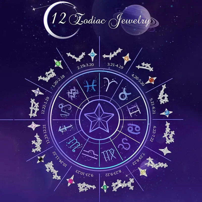 WOSTU 925 Sterling Silver Zircon Constellation Horoscope Stud Earrings For Women Asymmetrical Colorful Ear Studs Party Jewelry