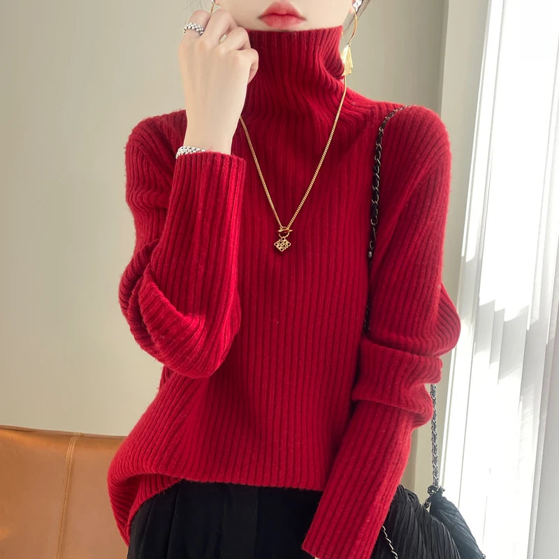 Women 100% Merino Wool Sweater Turtleneck Knitted Vertical Stripes Pullover Autumn Winter Thickened Cashmere Casual Knitwear Top