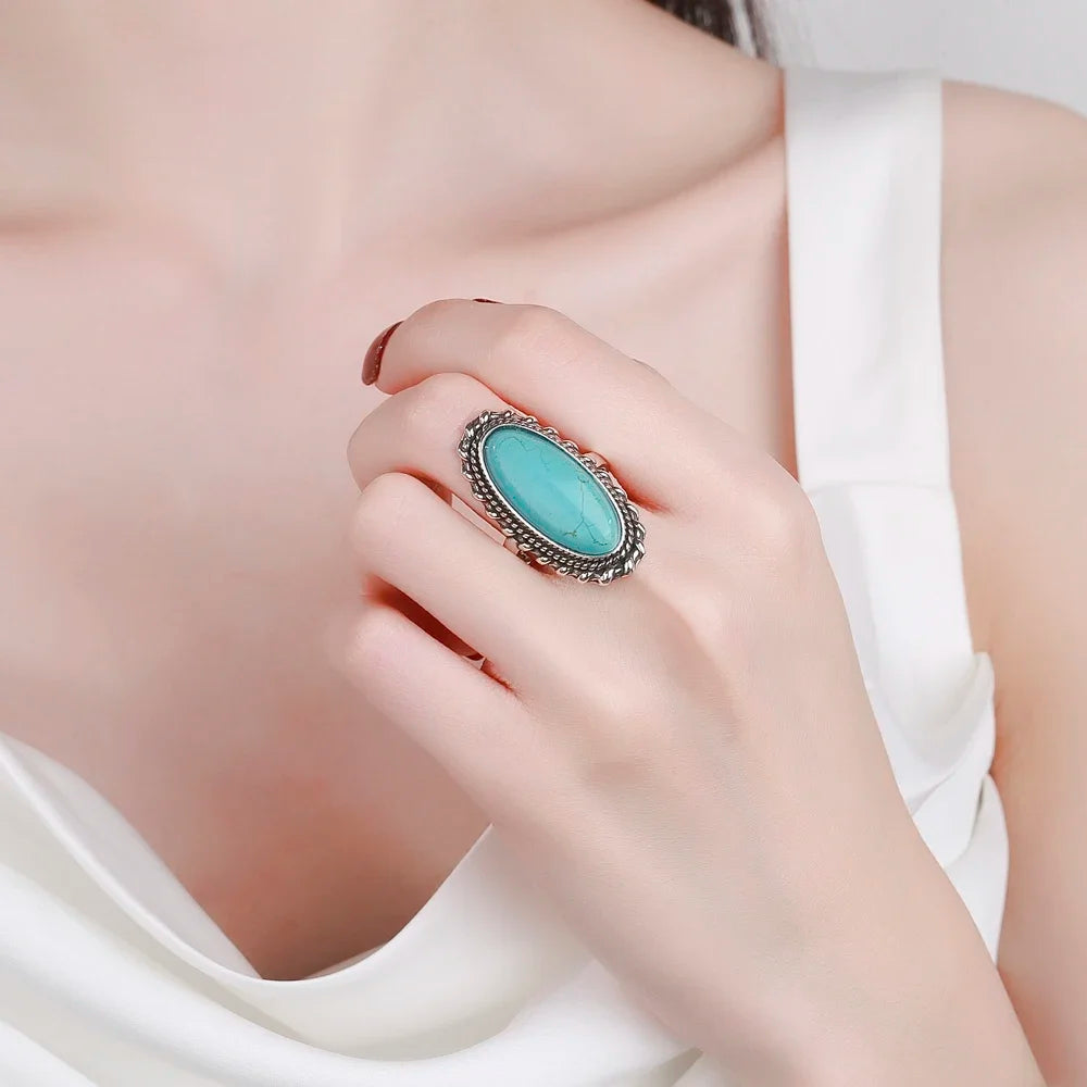 Vintage Sterling Silver 925 Big Stone 11*25mm Natural Turquoise Ring Retro Design Fine Jewelry Gifts Finger Ring For Women