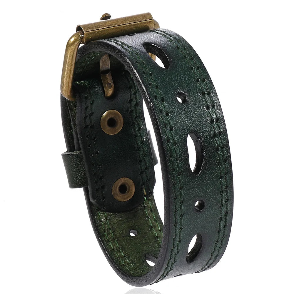 MKENDN Norse Viking Wide Cowhide Leather Punk Wristband Adjustable Cuff Bangles for Men Women Friendship Bracelets Gifts