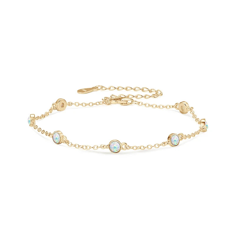 Round Fashion Bracelets White Opal Bezel Set for Women 925 Sterling Silver Adjustable Ladies Bracelet 3mm Girls Jewelry Gift