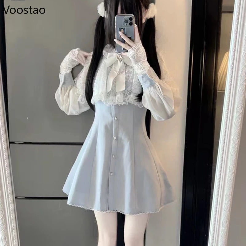 Japanese Gothic Style Rhinestone Pearl Bow Dress Women Lace Ruffles Shawl Long Sleeve Slim Shirts Dresses Lolita Y2k Party Dress - Madeinsea©