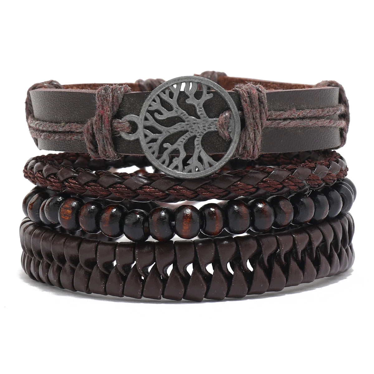 3Pcs/ Set Braided Wrap Leather Bracelets for Men Vintage Life Tree Rudder Charm Wood Beads Ethnic Tribal Wristband Rope Bracelet