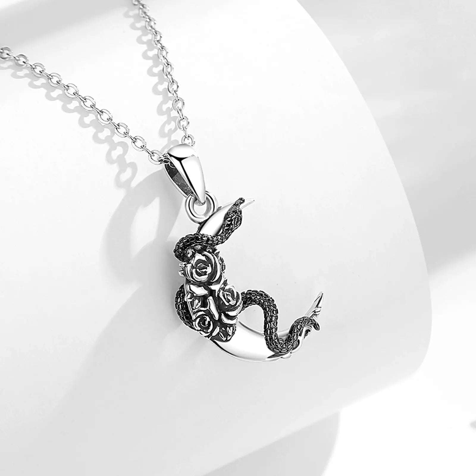 Eudora New 925 Sterling Silver Wicca Moon Necklace Black Snake and Rose Amulet Pendant Personality Jewelry Gift for Men Women