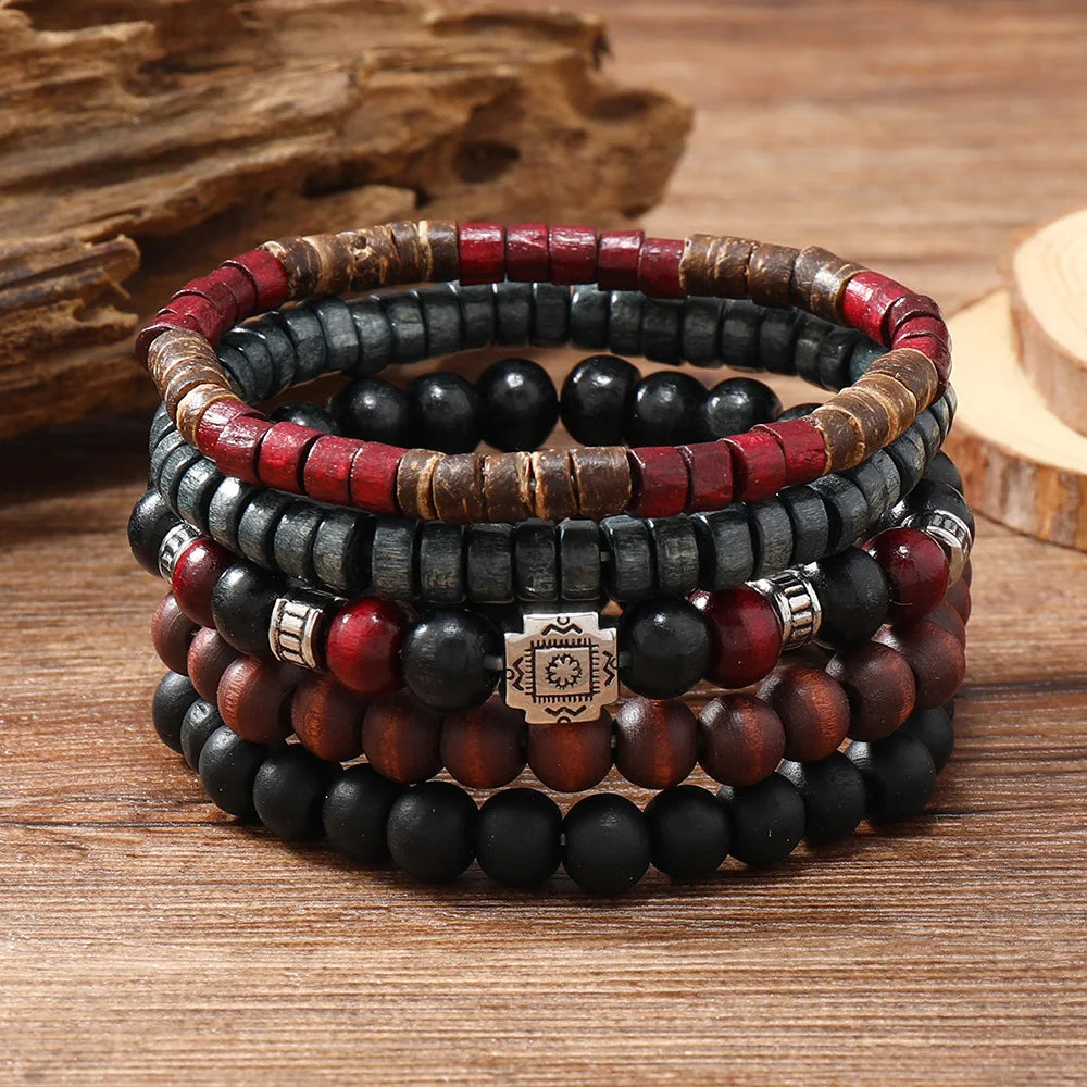 4Pcs/ Set Braided Wrap Leather Bracelets for Men Vintage Life Tree Rudder Charm Wood Beads Ethnic Tribal Wristband Rope Bracelet