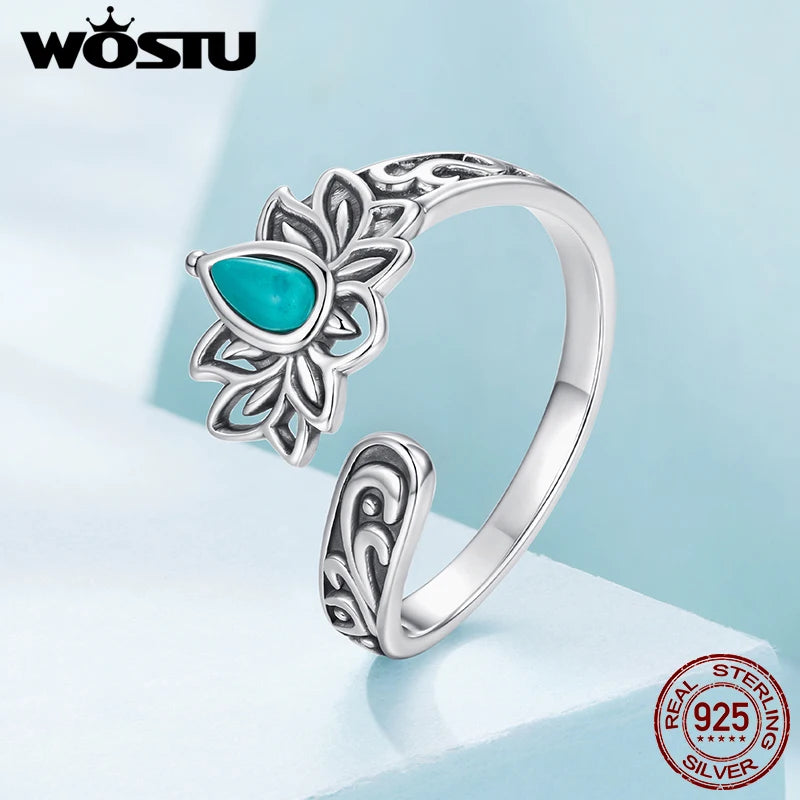 WOSTU Vintage 925 Sterling Silver Turquoise Lotus Open Ring For Women, Handmade Adjustable rings Boho Ethnic Statement  Jewelry