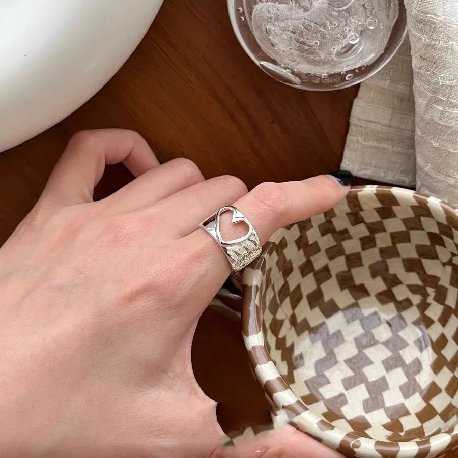 Bagues en argent sterling 925 BF CLUB pour femmes, bague ouverte minimaliste rétro en forme de cœur, bijoux fins