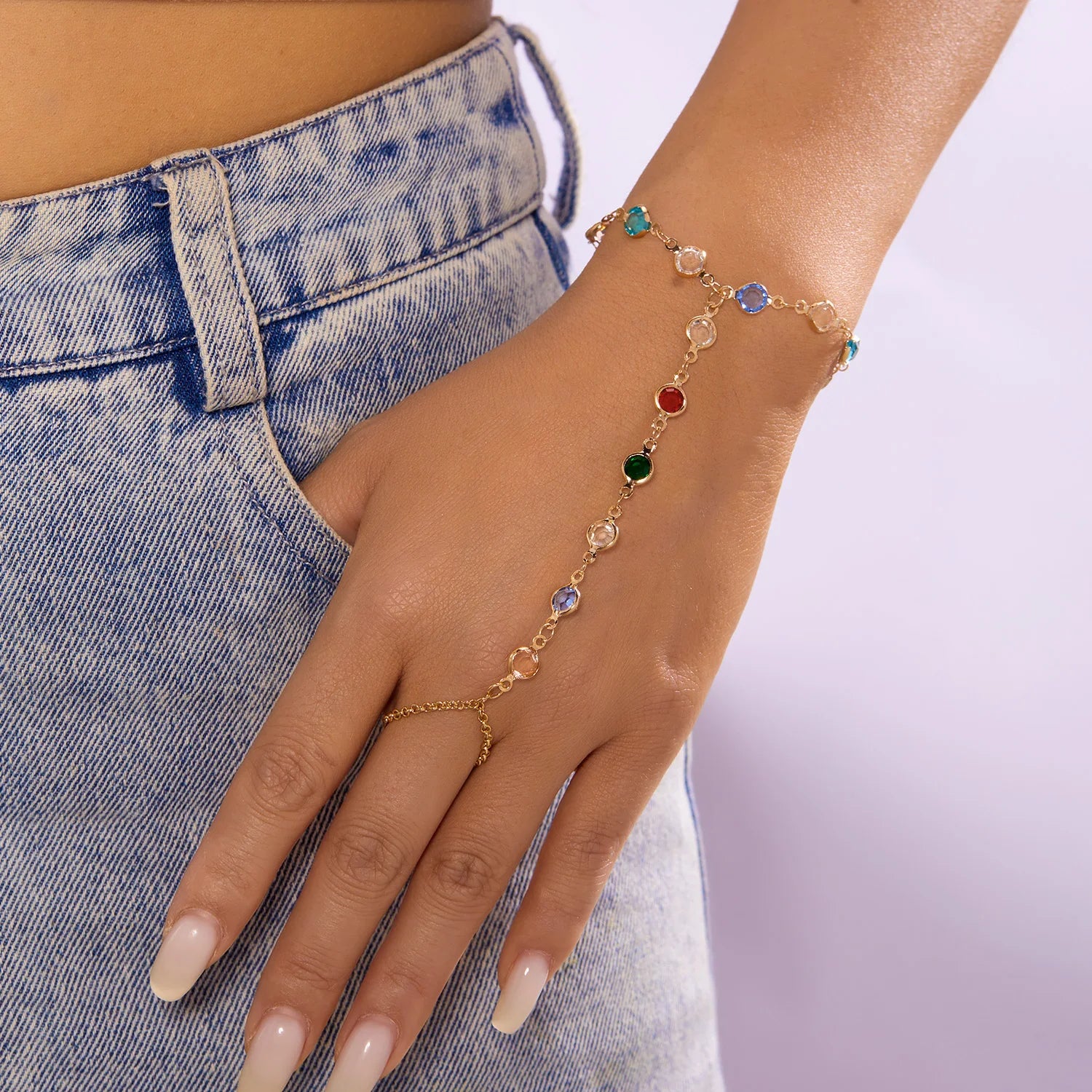 Leichter, luxuriöser, farbenfroher Herzquasten-Kettenring mit Armbandgliedern, ideal für Damen, Hochzeitsschmuck