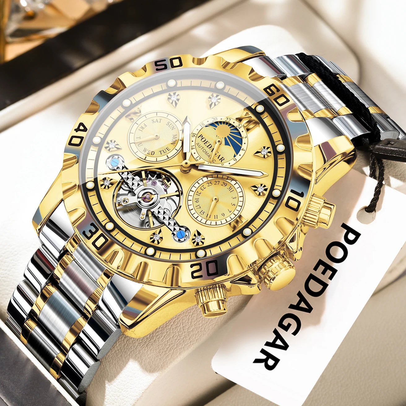 POEDAGAR Business Top Watch For Man Hollow Tourbillon Automatic Men's Watches Date Week Mechanical Stainless Steel Men Clock+Box