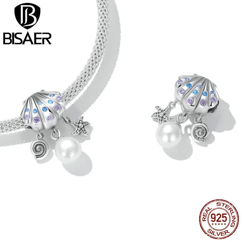BISAER Real 925 Sterling Silver Bule Turtle Crab Charm Bead Sea Shells Pendant For Women DIY Bracelet & Necklace Holiday Gifts