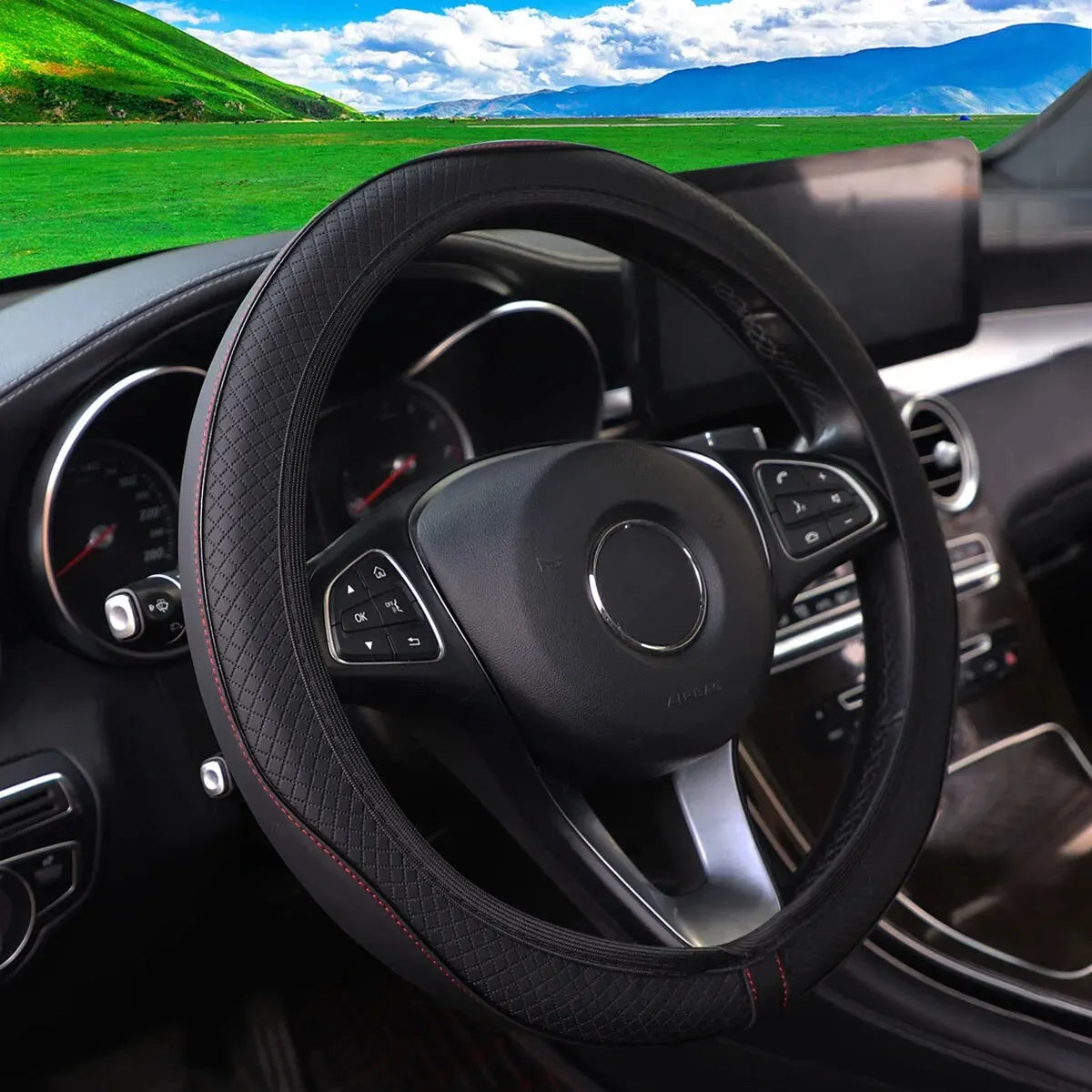 Skin Feeling Leather Color Stripe Emboweled Car without Inner Ring Steering Wheel Cover Automotive Supplies 14.5-15INCH - Madeinsea©