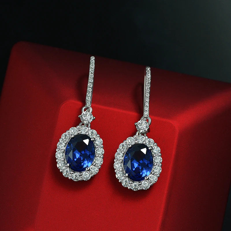 OXTAO Oval Cut 7x9mm 2.0ct Created Blue Gemstone Temperament Hook Earrings for Women Real 925 Silver Fine Wedding Jewelry Gift