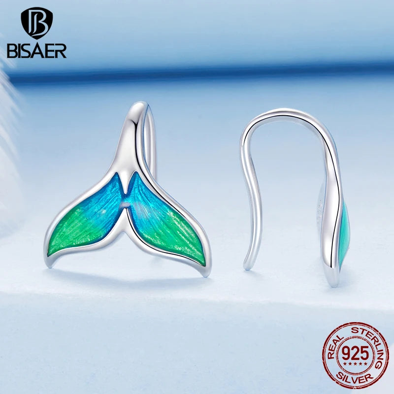 BISAER 925 Sterling Silver Mermaid Stud Earrings Blue Gradient Enamel process Stud Ear for Women Party Fine Jewelry Holiday Gift