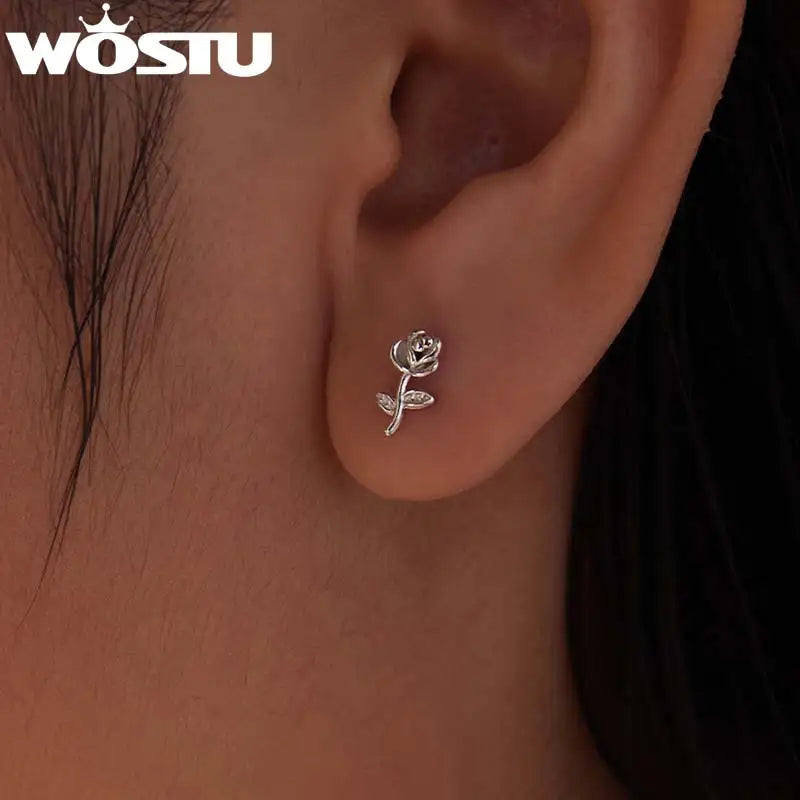 WOSTU 925 Solid Silver Rose Flower Stud Earrings For Women , Original Flower Design Simple Date Jewelry Gift For Lover