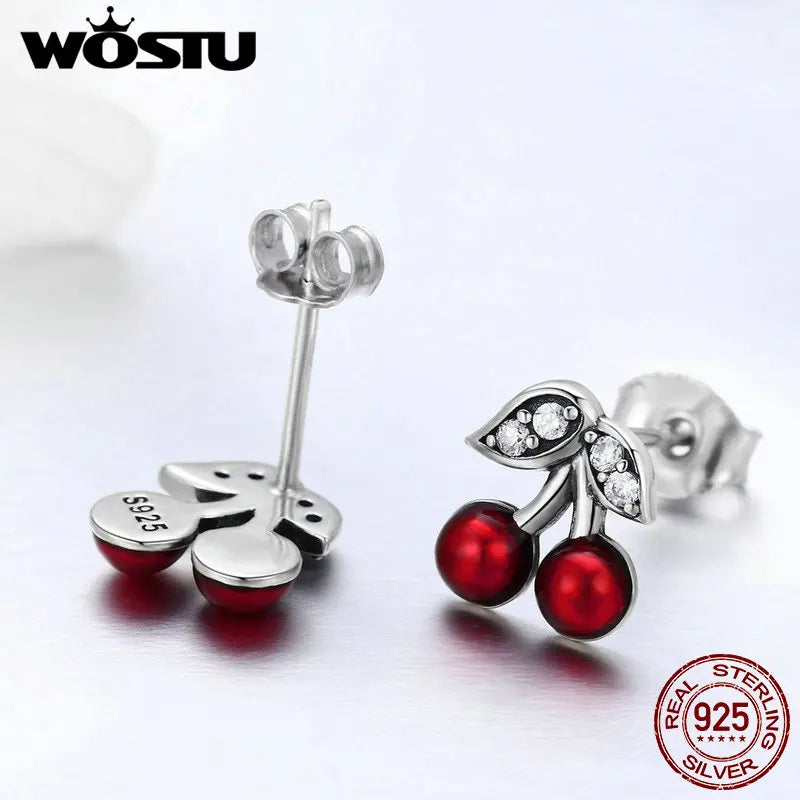 WOSTU 925 Sterling Silver Cherries Earring Strawberry Piercing Red Apple Banana Fruit Cute for Women Birthday Daily Fine Jewelry