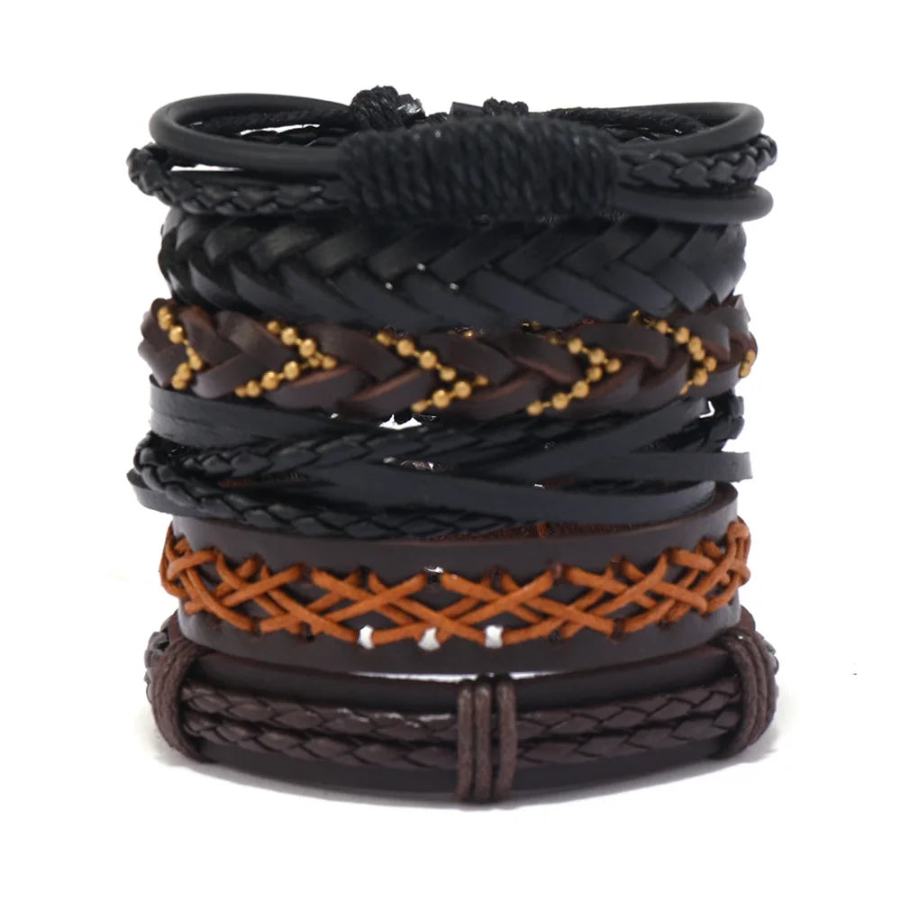 4Pcs/ Set Braided Wrap Leather Bracelets for Men Vintage Life Tree Rudder Charm Wood Beads Ethnic Tribal Wristband Rope Bracelet