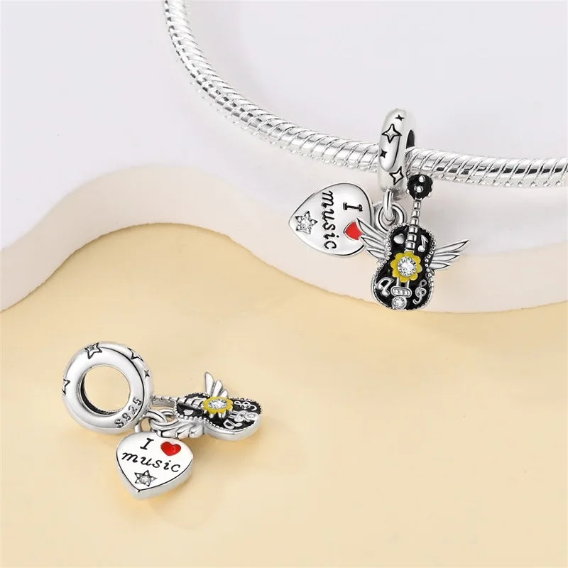 Romantic Music Charms Beads 925 Sterling Silver Piano Violin Red Guitar Punk Saxophone Pendants Fit Qikaola Bracelet DIY Jewelry