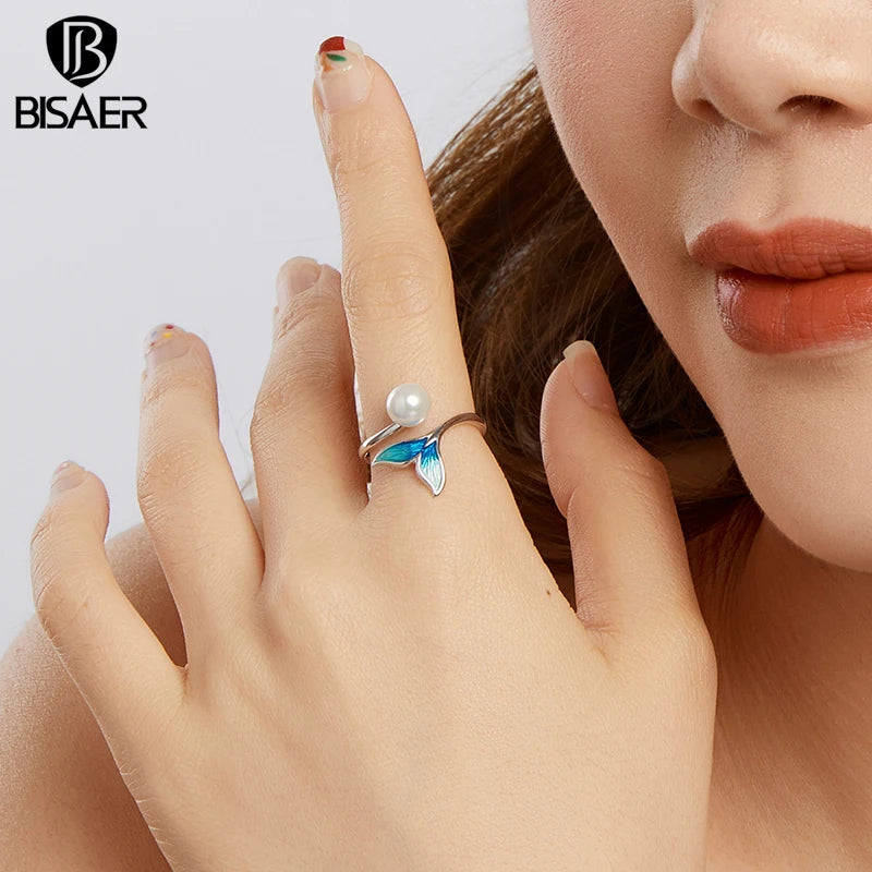 BISAER 925 Sterling Silver Mermaid Open Ring Pearl Gradient Enamel Band Plated White Gold for Women Party Original Fine Jewelry