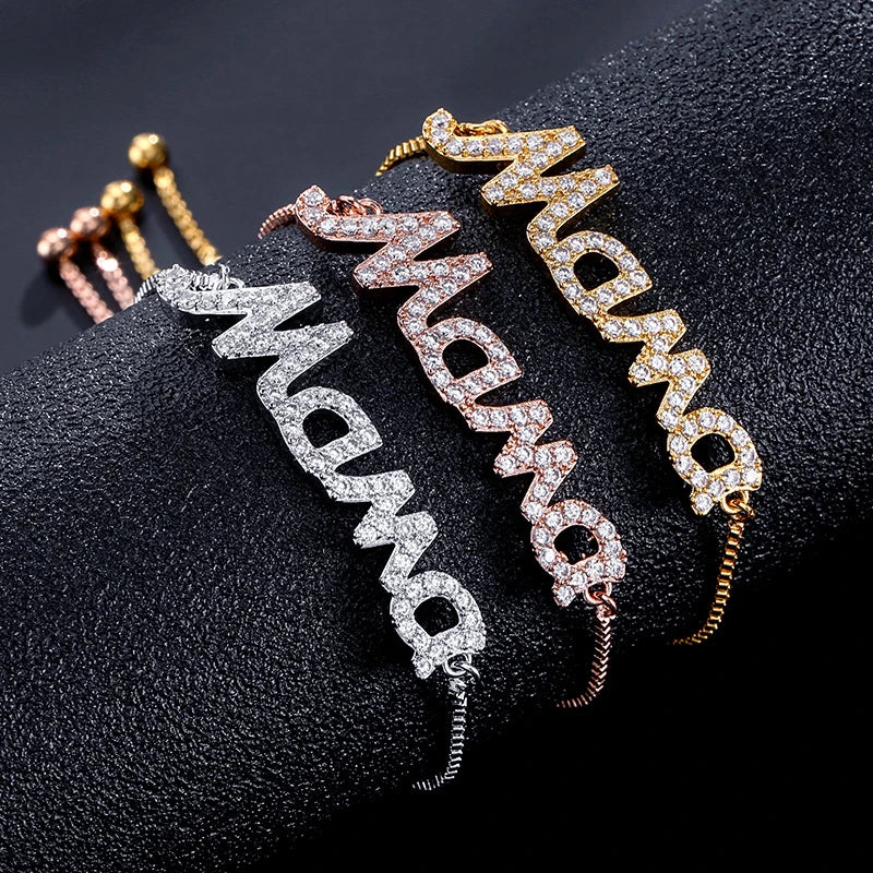Exquisite Mama Letter Bracelet For Women Sparkling Crystal Zircon Adjustable Chain Bangle Mother's Day Mom Birthday Jewelry Gift