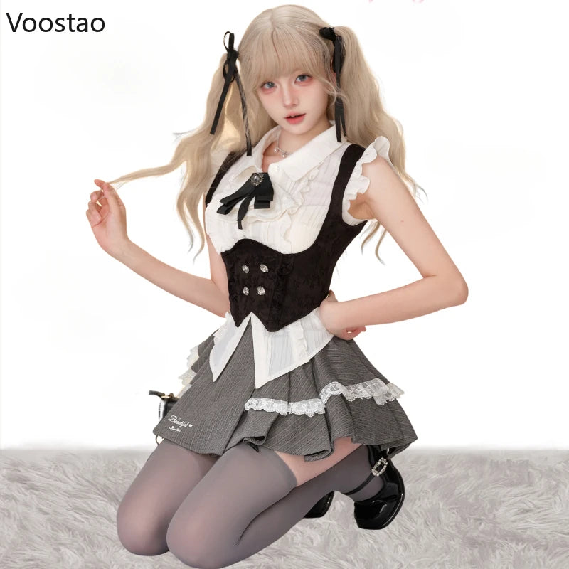 Y2k Vintage 3 Piece Set Women Preppy Style Gothic White Shirt Vest Mini Cake Skirt Suit Female Korean Fashion Elegant Outfits