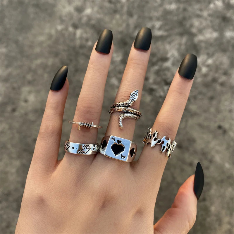 Punk Heart Ring Set for Women Sword Teary Eyes Gothic Vintage Plated Retro Rhinestone Bohemia Finger Jewelry 2022 New Trendy