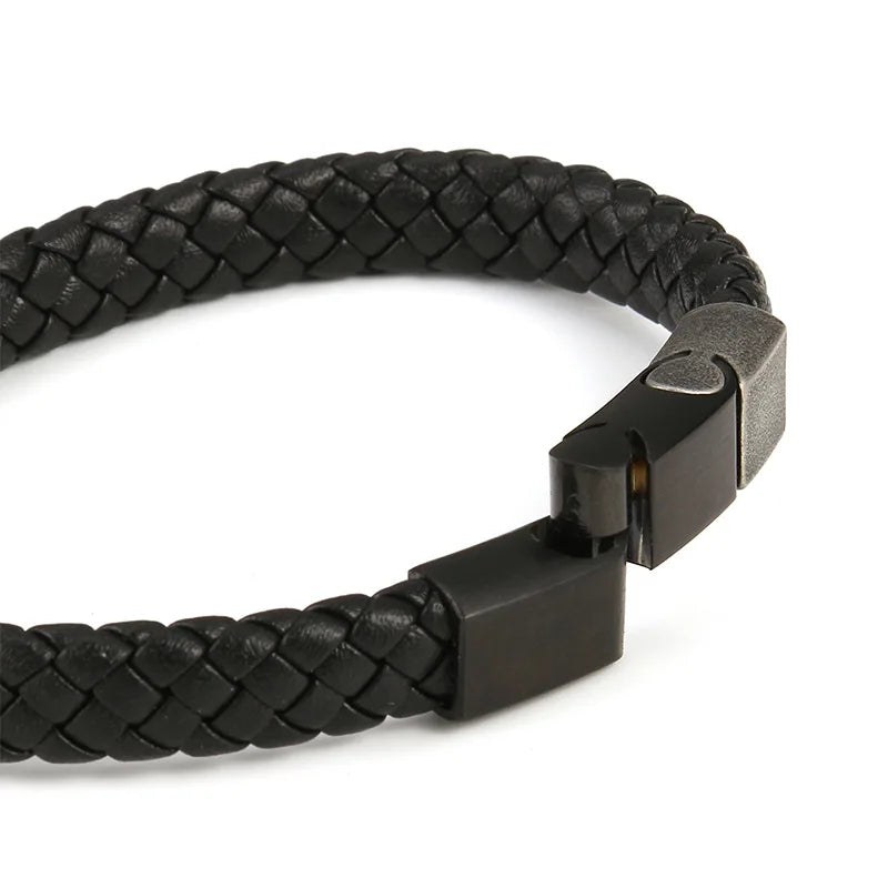 MKENDN Simple Style Men's Black Genuine Leather Bracelet Classic Stainless Steel Insert Braid Bangles For Men Friend Gift