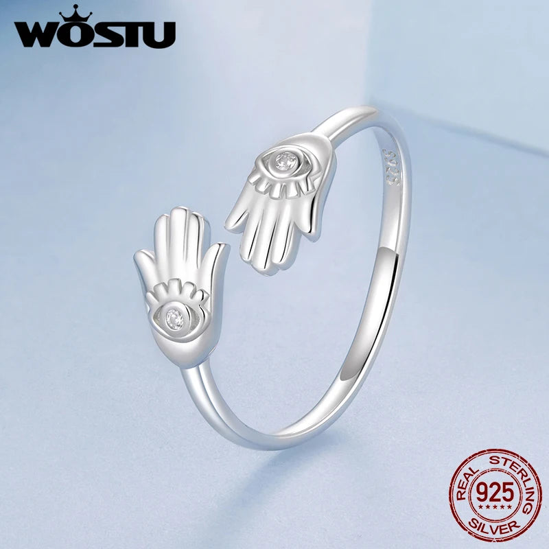 WOSTU Unique Evil Eye Hamsa Hand Open Ring For Women, 925 Sterling Silver Protection Guard Rings Daily Party Bohemia Jewelry