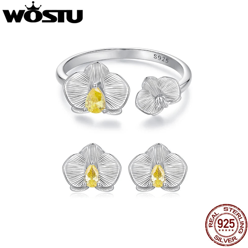 WOSTU 925 Silver Yellow Zircon  Flower Open Ring Citrine Stud Earrings For Women Wedding Jewelry Set Girl Mom's Birthday Gift