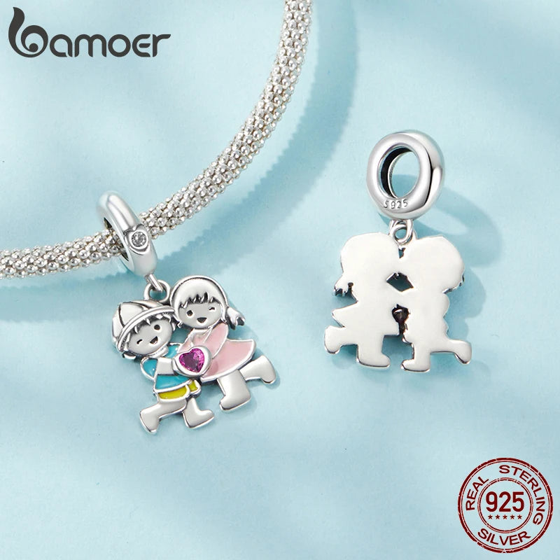 BAMOER 925 Sterling Silver Family Boy&Girl Charm Pendant fit Original Bracelet DIY Jewelry Accessories bamoer Beads