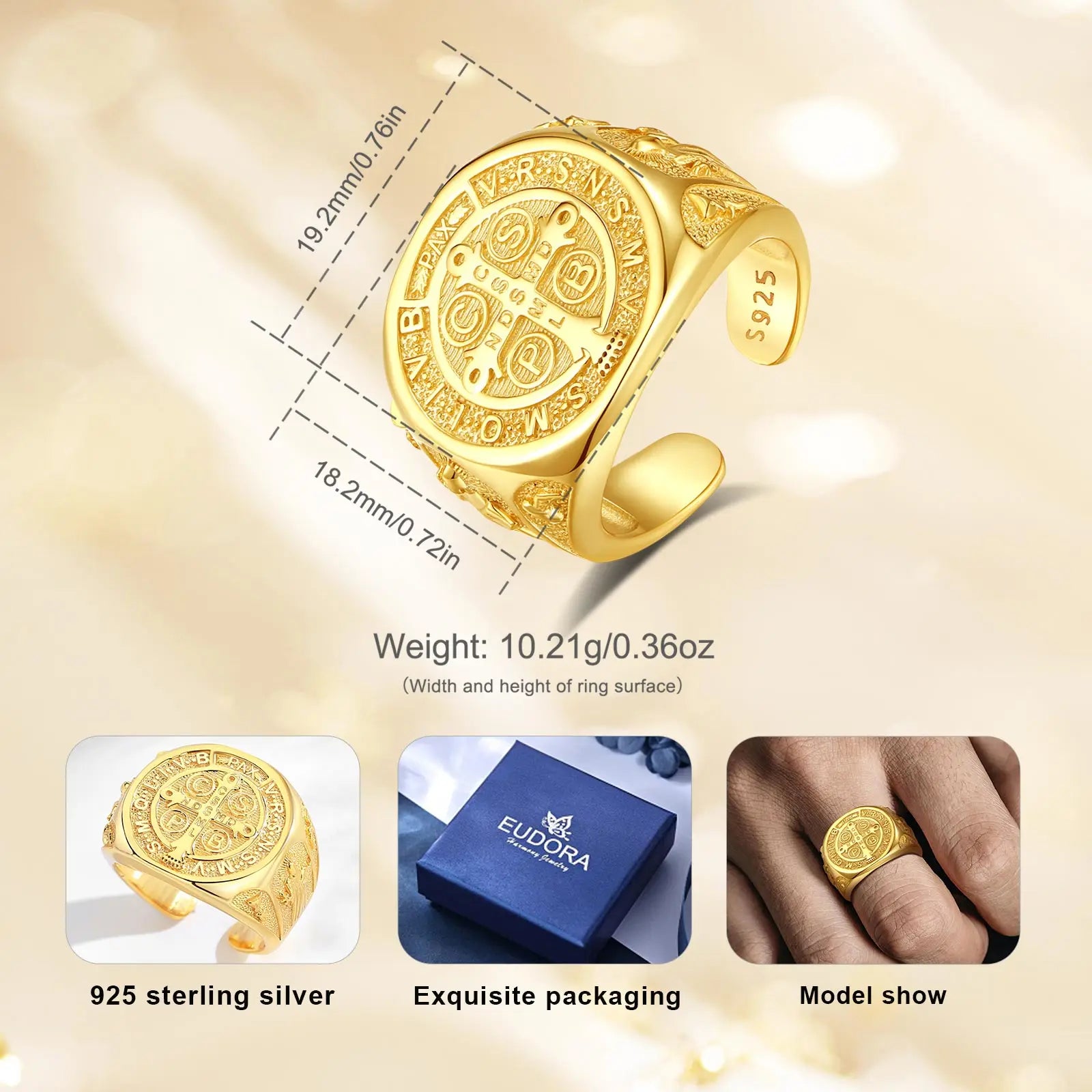 Eudora 925 Sterling Silver Saint Benedict Medal Adjustable Ring 18K Gold San Benedict Cross Amulet Ring Religious Jewelry Gift