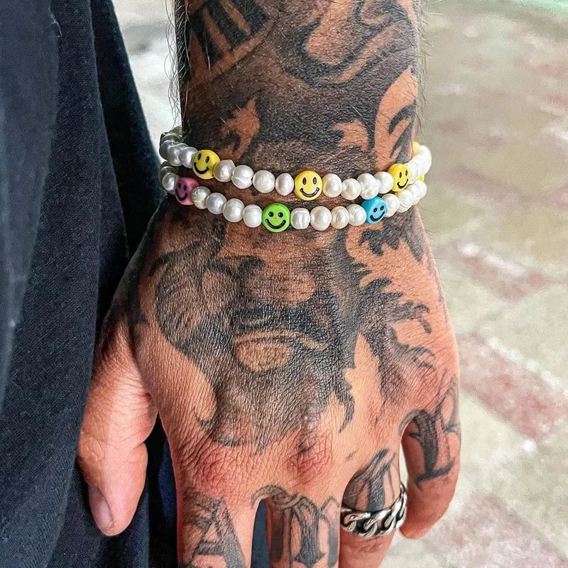 Retro Smiling Face Bead Bracelets Imitation Pearl Clay Handmade Beaded Bracelets Desinger Jewelry Unisex Accessories Lovers Gift