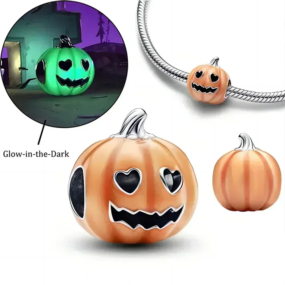 Halloween 925 Sterling Silver Skull Charm Luminous Pumpkin Bat Ghost Coffin Bead Pendant Ring Necklace Bracelet DIY Jewelry Gift
