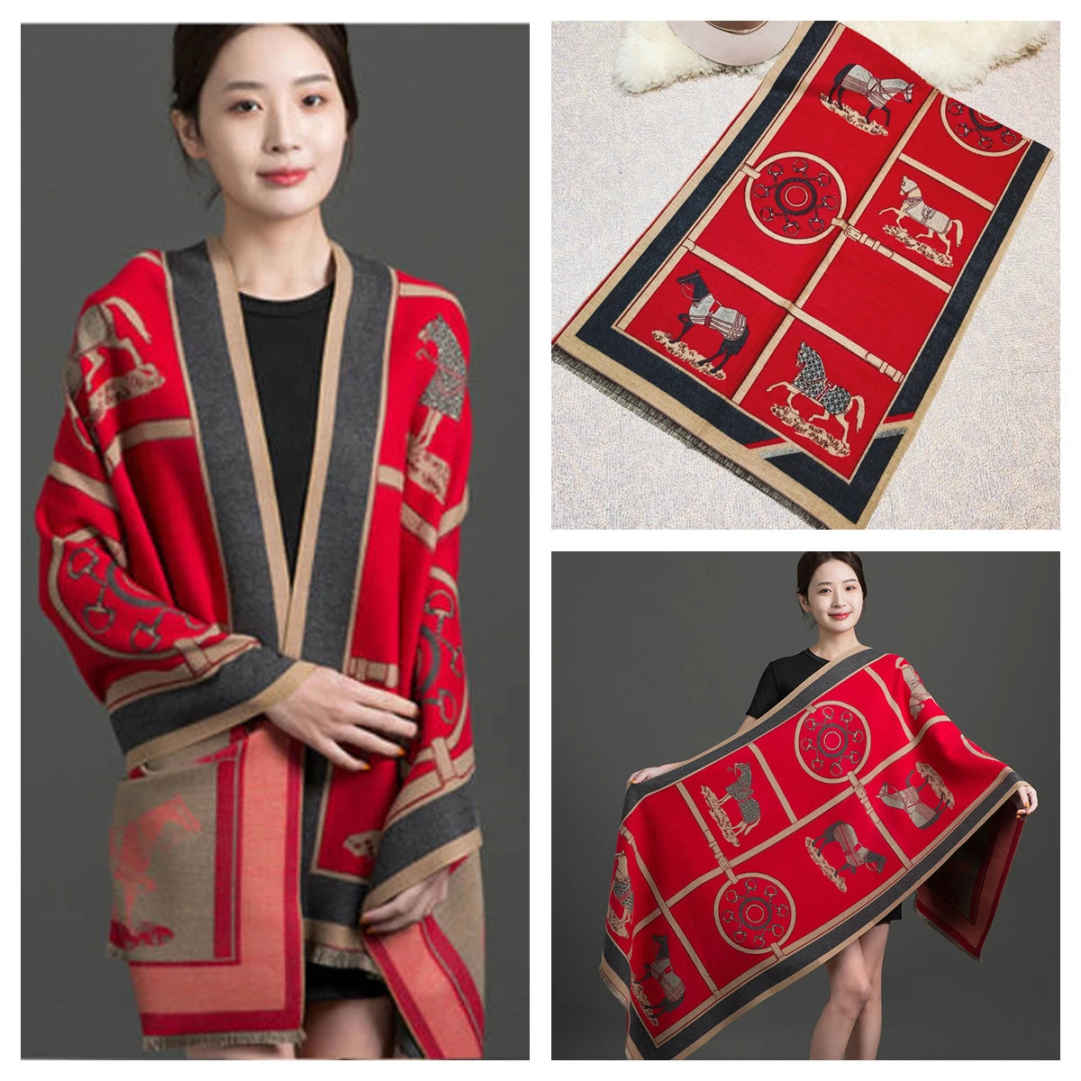 Women's Autumn Winter Horse Pattern Scarf New Luxury Cashmere Feeling Large Blanket Wrap Soft Warm Brand Shawl Retro & Classical - Madeinsea©