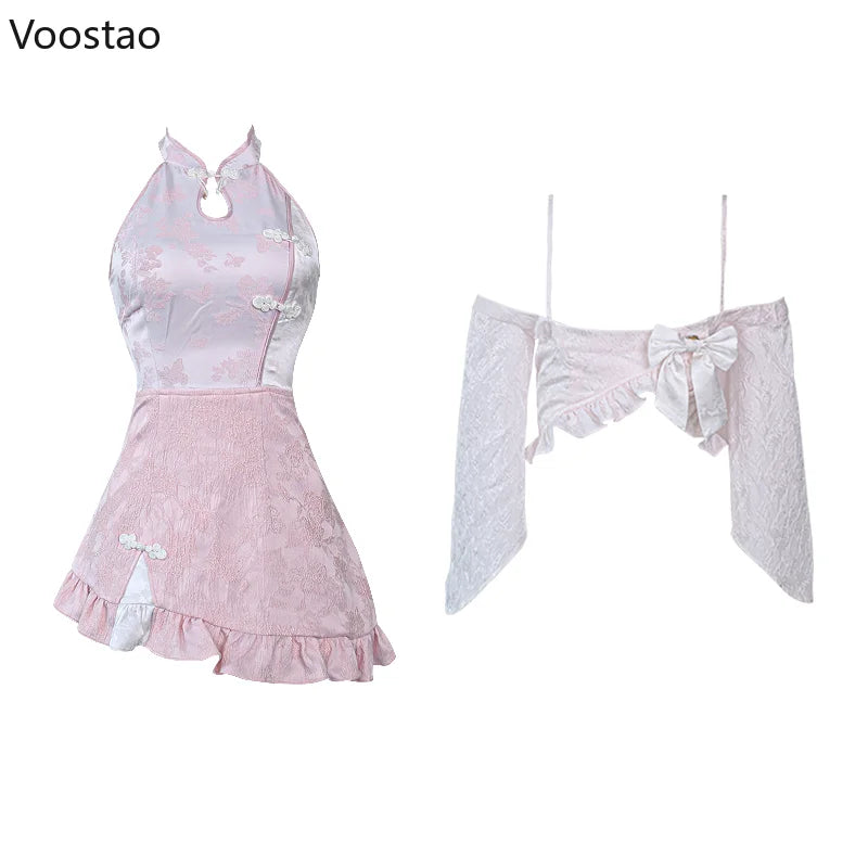 Neues Lolita-Kleiderset im chinesischen Stil für Damen: Elegantes kurzes Cardigan-Top mit Rüschen, schicker Cheongsam-Kleid-Anzug im Y2K-Stil