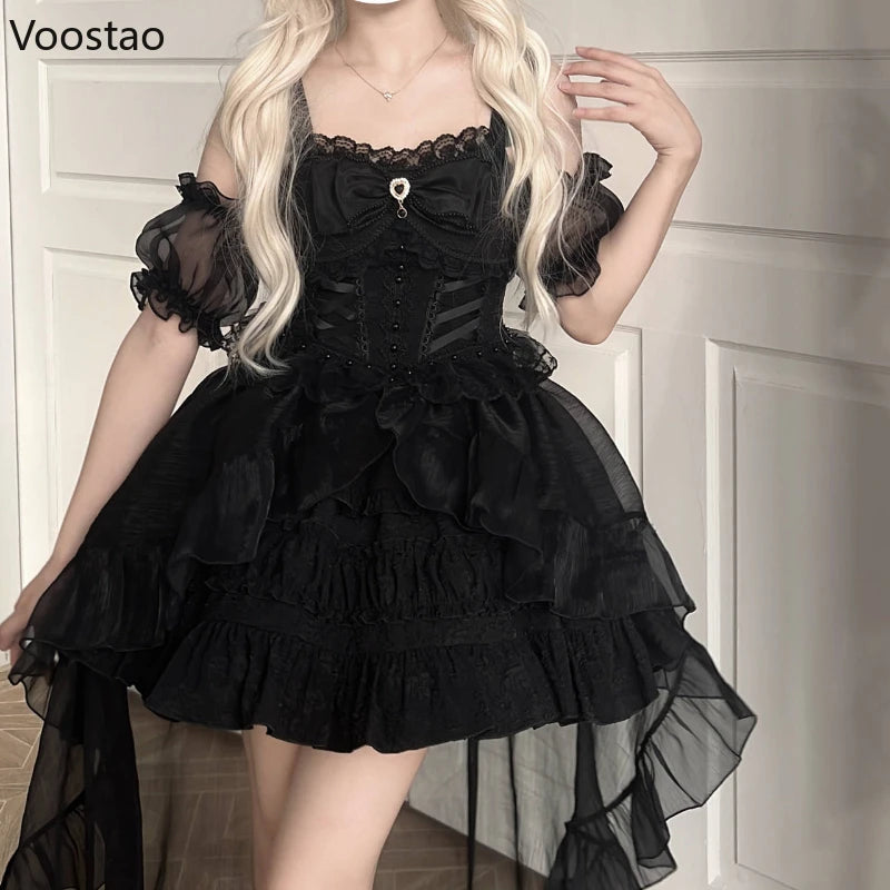 Japanese Kawaii Lolita Jsk Dress Women Sweet Cute Bow Flower Wedding Party Mini Dresses Gothic Y2k Sleeveless Princess Dresses