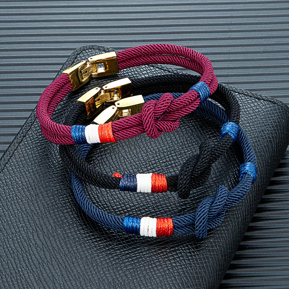 MKENDN Gold Plated Stainless Steel Square Knot Rope Bracelet Men Women Handmade Woven Double-Layer Design France USA Flag Gifts