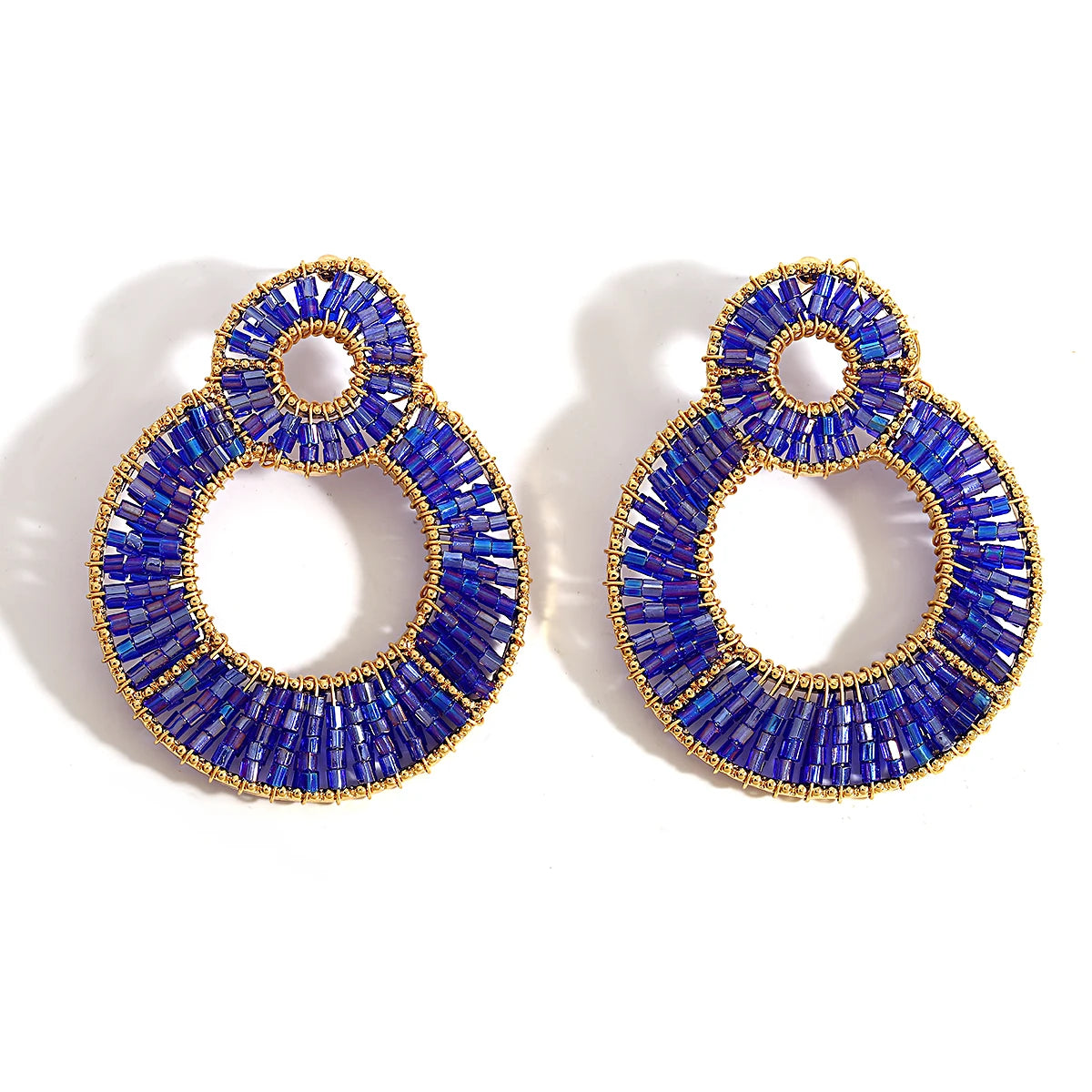 AENSOA Luxury Colorful Crystal Beaded Double Round Drop Earrings for Women Gold Color Metal Dangle Earrings Handmade Jewelry