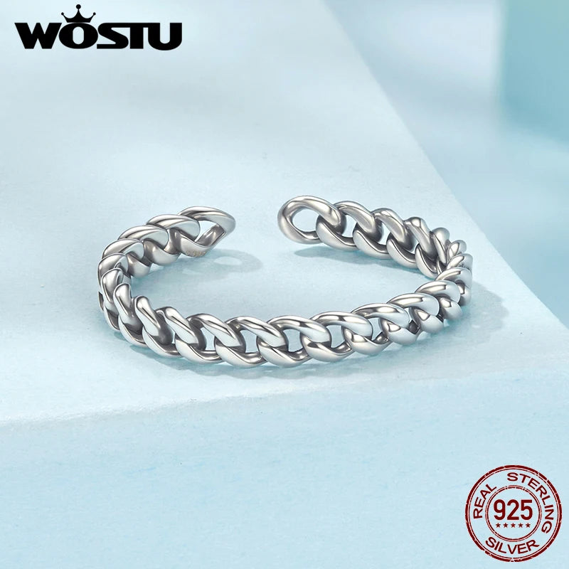 WOSTU Real 925 Sterling Silver Punk Cuban Link Ring For Women Stylish Retro Adjustable Ring for Women Hip Hop Girls Party Gift