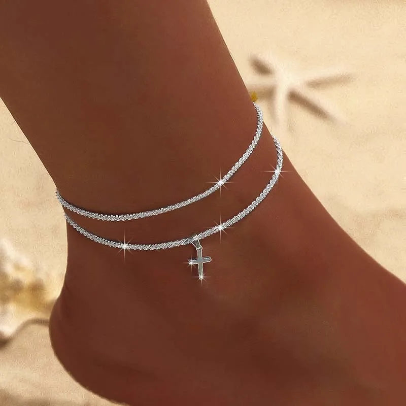 Silver Color Double Layer Shiny Chains Anklets For Women Heart Cross Geometric Pendant Foot Leg Barefoot Bracelet Charm Jewelry