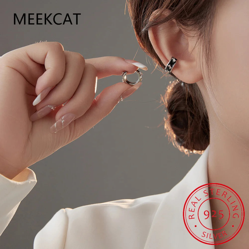 925 Sterling Silver Black Enamel Round Square Zircon Ear Cuff Clip on Earring For Girl Without Piercing Earing Jewelry DA250