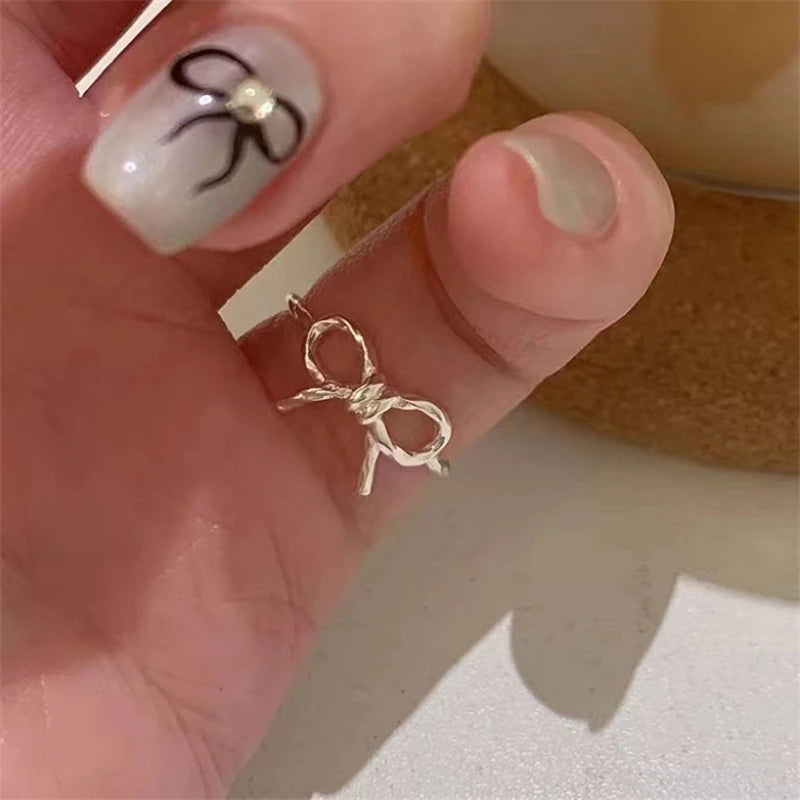 Fashion Bow Ribbon Rings For Women Girls Silver Color Sweet Cute Geometric Bow Knot Opening Finger Ring Wedding Party Jewelry