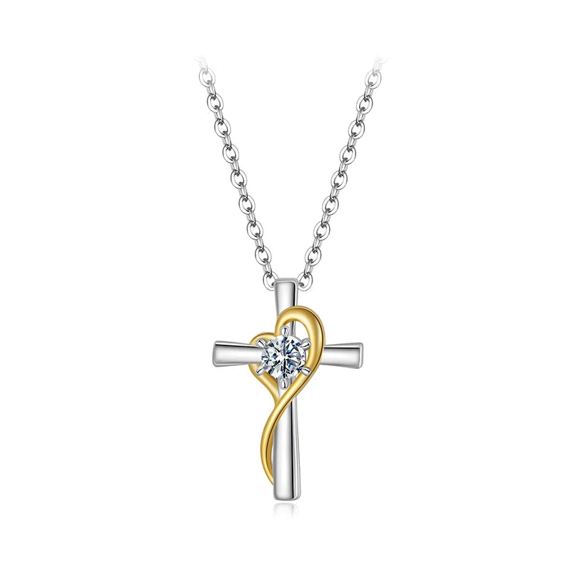 WOSTU Moissanite Cross Pendant Heart Necklace For Women 925 Silver 18K Gold Diamond Cut moissanite Wedding Jewelry Party Gift
