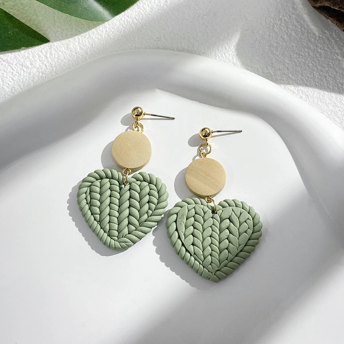 AENSOA Handmade Wooden Braided Polymer Clay Earrigns for Women Multicolor Unusual Knited Heart Geometric Drop Earrings Jewelry