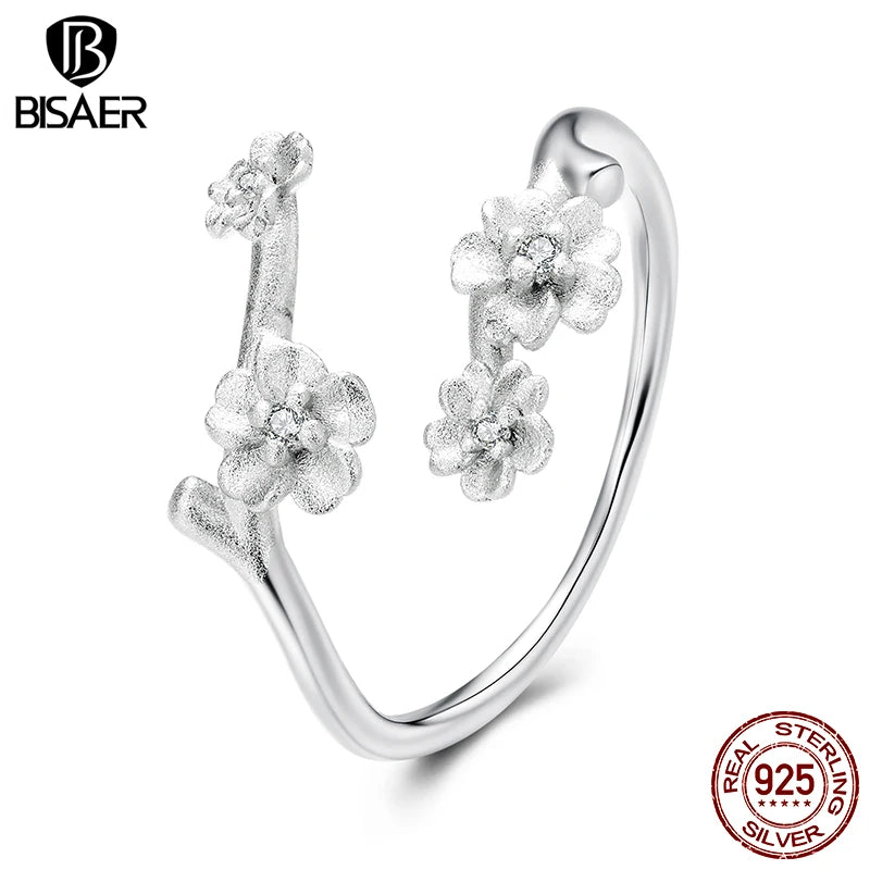 BISAER 925 Sterling Silver Plum Blossom Open Ring Flower Adjustable Band Plated White Gold for Women Party Original Fine Jewelry