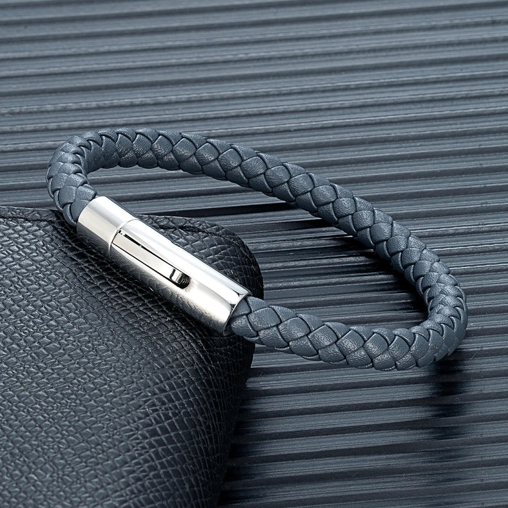 MKENDN 6 mm rotes geflochtenes Lederarmband für Damen und Herren, Edelstahlknopf, Schmuck, Unisex-Geschenk für Paare, klassisch schlichtes Design