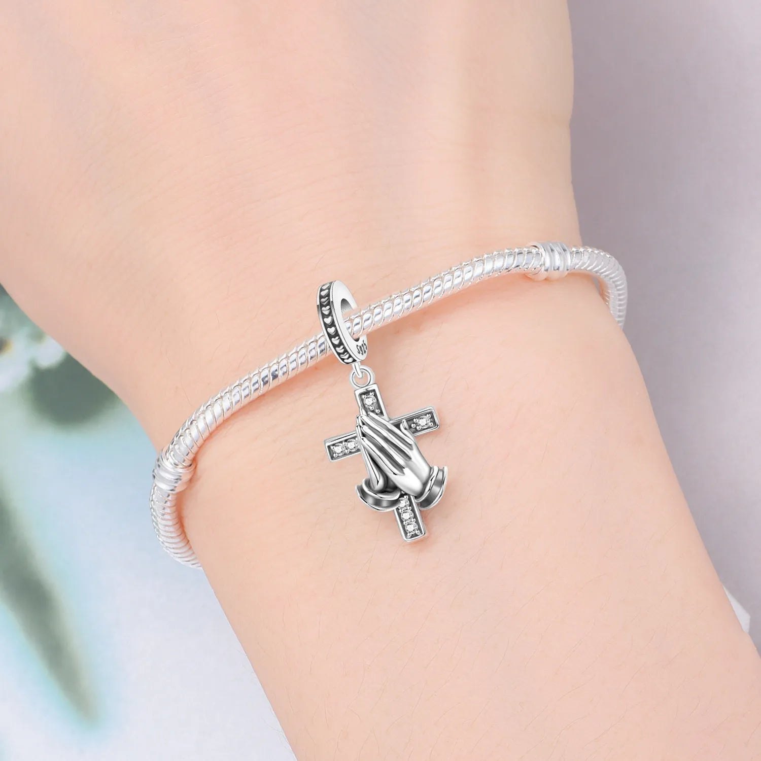 PANPOKI 925 Sterling Silver Prayer Hand Cross Beads Original Pendants Bracelet Charm Jewelry Party DIY Trendy Gifts