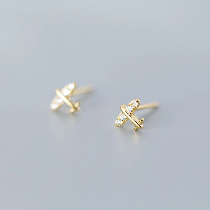 MKENDN 100% 925 Sterling Silver Mini Crystal Airplane Stud Earrings For Women Girl Piercing Ins Cute Minimalist Earring
