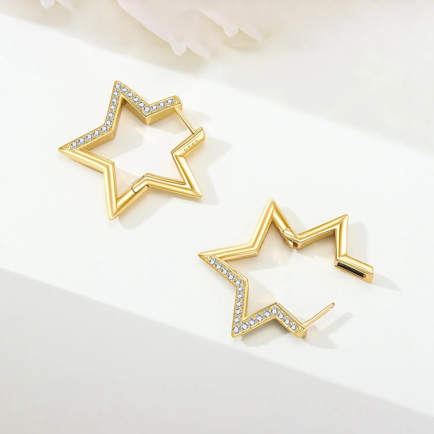 PANPOKI Original 925 Sterling Silver Golden Pentagram Shining Earrings Women Hoop Earring Anniversary Jewelry Trendy Gifts